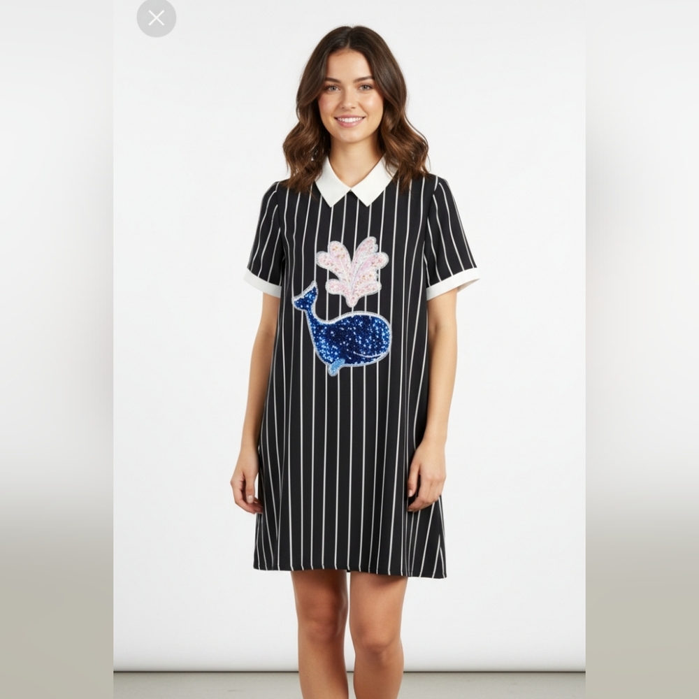 Anthropologie Striped Dress with Whale and Floral Appliqué